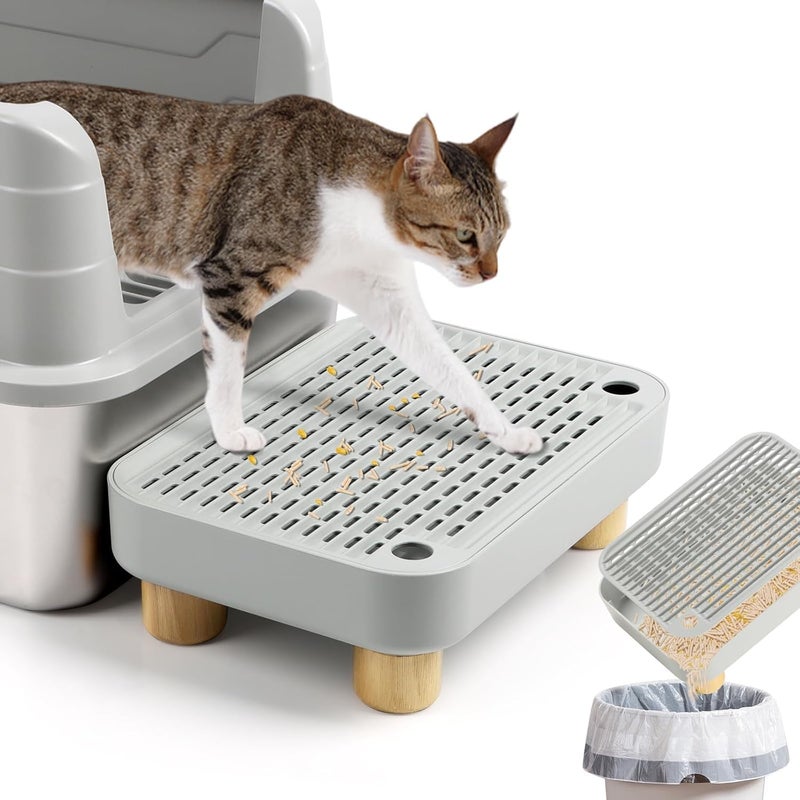 Lanstics Litter Box Step, Litter Box Ramp for Cats Grey Litter Catcher with Wooden Base Cat Steps for Litter Box Anti-Tracking & Easy to Clean for Kitten & Elderly Cats - Image 1